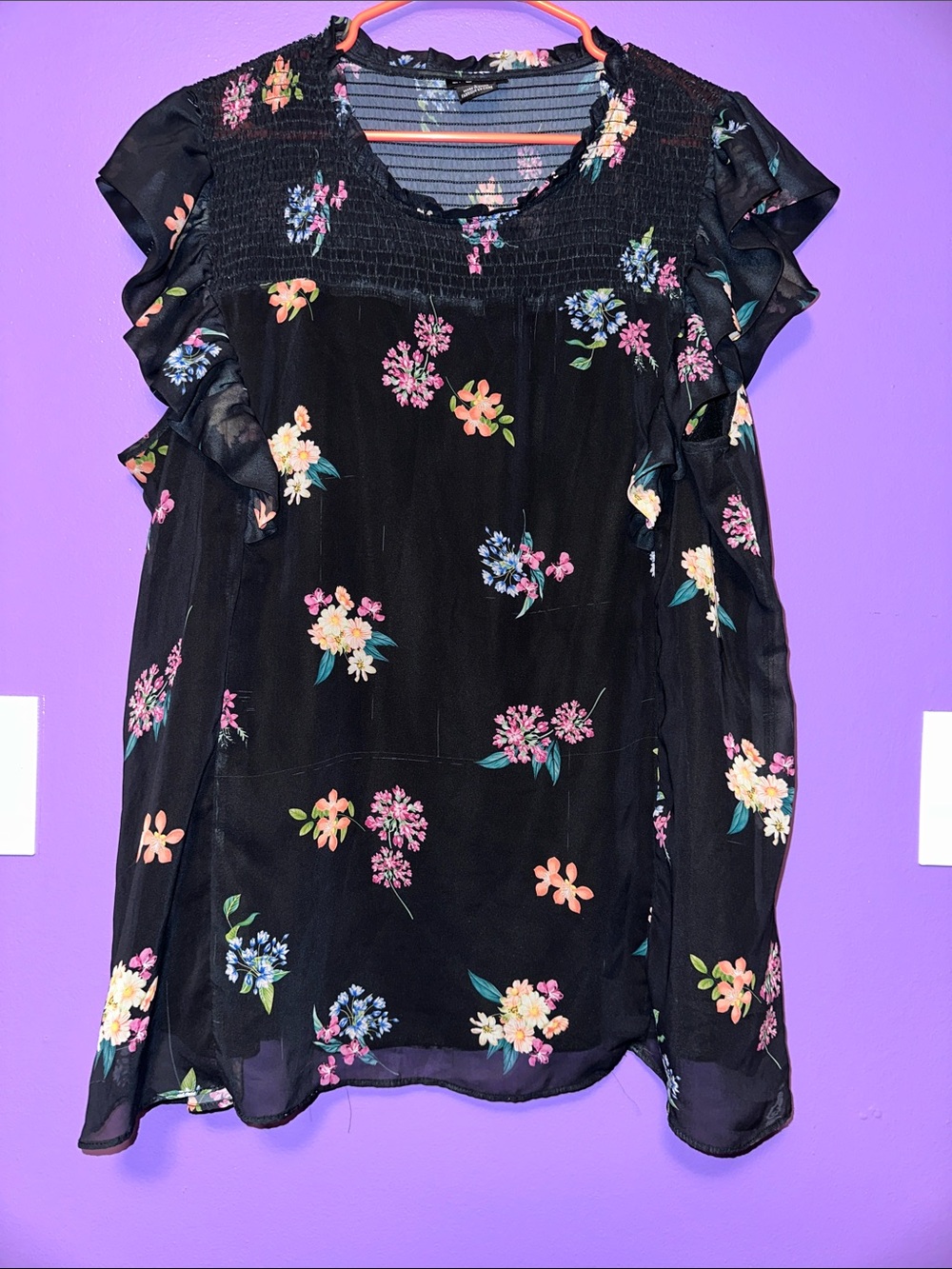 City Chic Black Floral Ruffle Sleeve Blouse